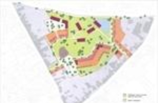 Plattegrond van een woonwijk met huizen, wegen en groenvoorzieningen in verschillende kleuren. (vergroot foto)